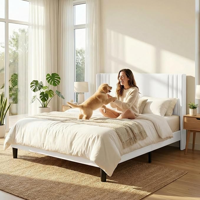 Gizoon Full Bed Frame with Wingback Headboard, Upholstered Platform Bed with Modern Geometric Headboard, Wooden Slats, Noise-Free, No Box Spring Needed