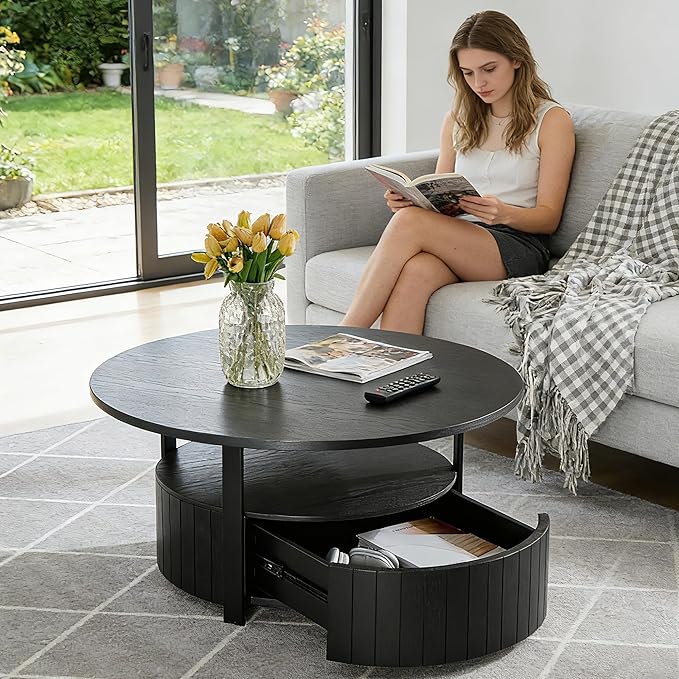 33.07" Round Coffee Table with Storage, 2 Tier Modern Wood Center Table with Drawer, 2 Tiers and 1 Drawer, Accent Table for Living Room, Apartment, Small Space.(Black)