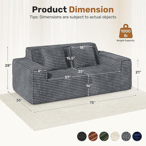 75'' Modern Cloud Loveseat Sofa Set of 2, No Assembly Required Comfy Deep Seat Couches 2 pcs for Living Room, Bedroom, Apartment (Corduroy-Grey)