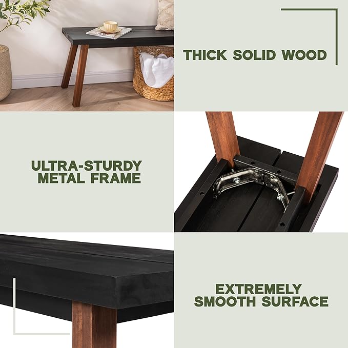 VICTORY RELAX Solid Wood Bench - Minimalist Design, Acacia Wood Construction, Black Mix Brown Color, Versatile for Entryway, Living Room, Bedroom & Outdoors, Easy Assembly & Weather-Resistant