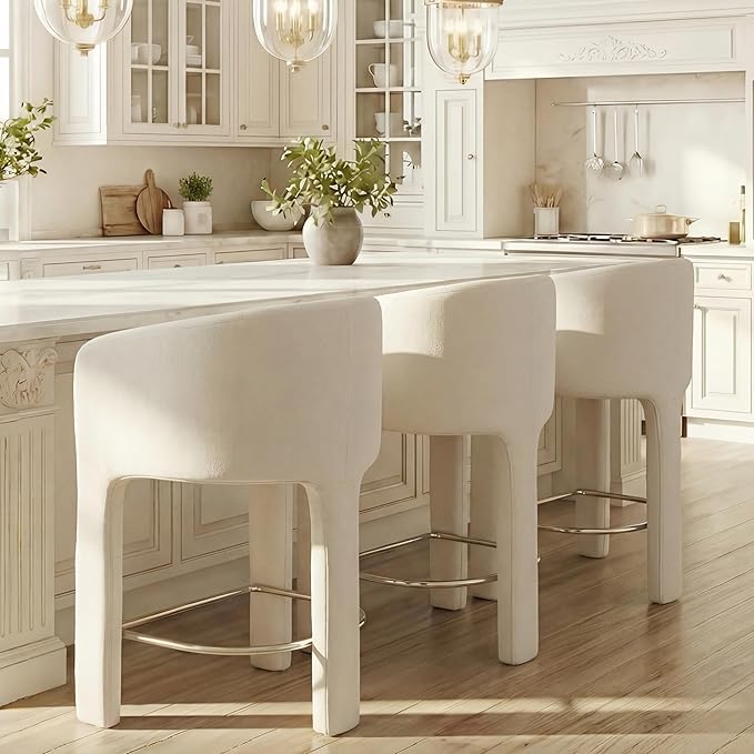 HNY Modern Counter Height Bar Stools Set of 3, 26”H Barrel Counter Stools for Kitchen Counter, Upholstered Barstools with Back and Armrest, Velvet Bar Stools for Kitchen Island, Home Bar, Cream