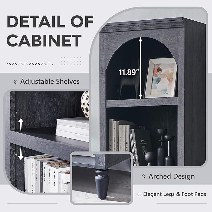 IFGET 76" Tall Arched Bookcase, Farmhouse 5 Tiers Narrow Arched Bookshelf Cabinet with Adjustable Shelves, Modern Wooden Book Shelf w/Storage and Open Display Shelves for Living Room, Office-Dark Grey