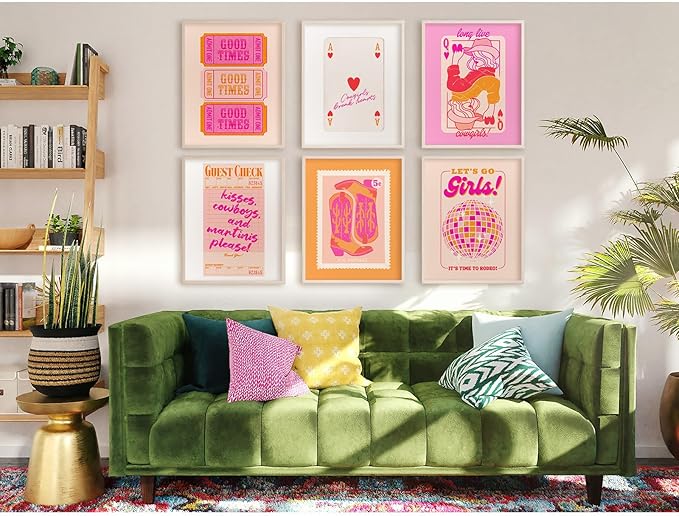 Hot Pink Wall Art Decor Trendy Aesthetic Pictures Preppy Funky Wall Art Poker Retro Poster Orange Vintage Canvas Hot Pink Artwork Western Prints Cowgirl Painting Dorm Room 8x10 Inch Unframed Set of 6