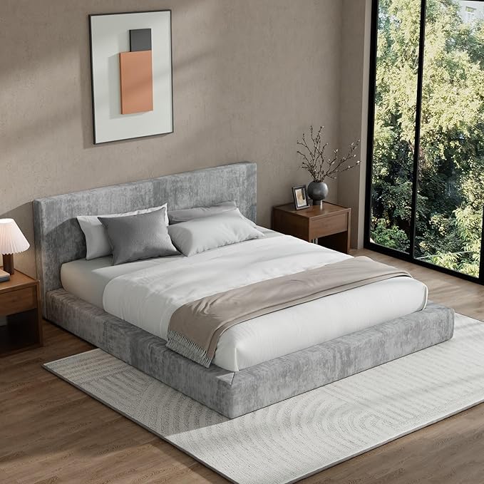 RECCI AirFrame Queen Bed Frame with Headboard, Cloud Upholstered Platform Bed Frame, 5 Inch Foam Cushioned, No Box Spring, Easy Assembly(Moon Grey)