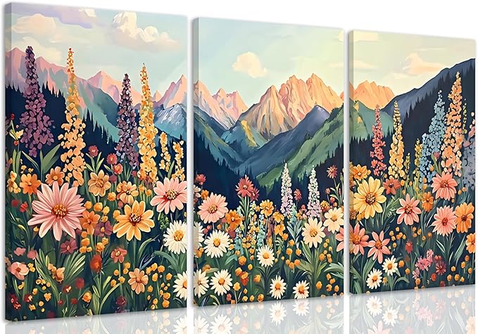 Framed Mountain Daisy Wildflower Landscape Wall Art, Boho Floral Wall Decor, Colorful Daisy Flower Canvas Paintings, Vintage Nature Botanical Poster Prints for Living Room Bedroom 12x16in