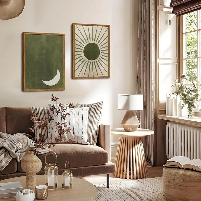Framed Boho Sun and Moon Canvas Wall Art Set of 2, Vintage Sage Green Bohemian Pictures Wall Decor, Mid Century Modern Abstract Minimalist Paintings Prints for Living Room Bedroom Office 12x16 inch