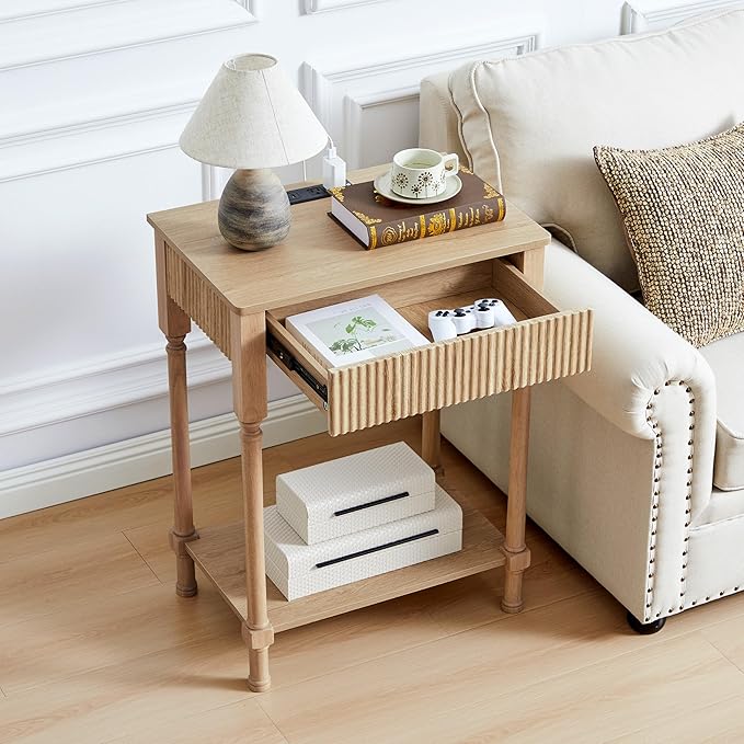 XUZENEST Fluted Nightstand with Charging Station, 23.6” Large Bed Side Table End Table with Drawer, Modern Mid Century Solid Wood Legs Night Stands Bedside for Bedroom Living Room Sofa Office, Natural