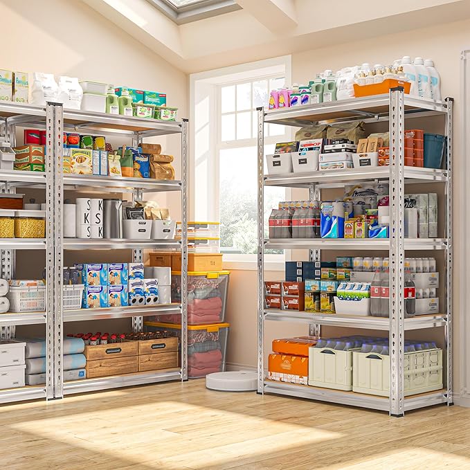 REIBII Storage Shelves, 5 Tier Adjustable Metal Garage Shelving, Storage Rack for Kitchen Storage, Basement, Garage, Pantry, Closet, Shop, Galvanized, 12" D x 28" W x 59.8" H，2020 lbs Total Capacity