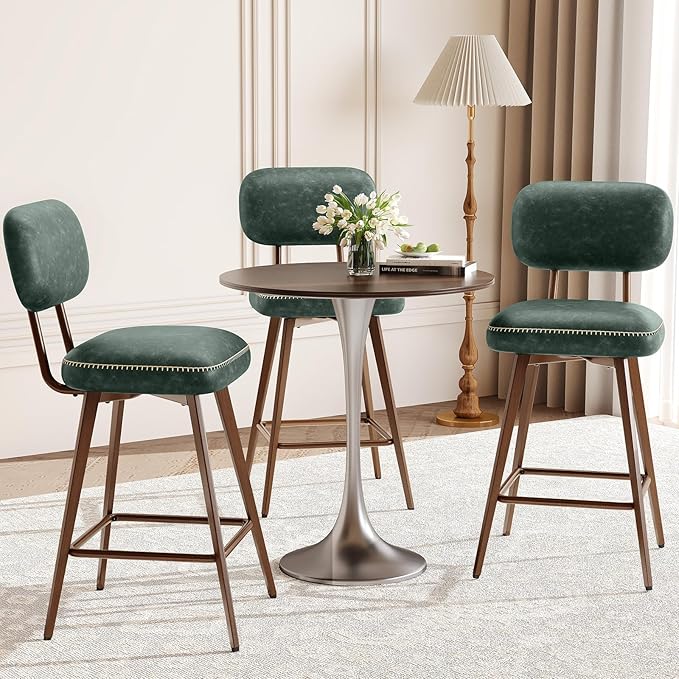 MALOL 26“ Swivel Bar Stools Set of 3, Mid Century PU Leather Counter Height Bar Chairs with Low Back and Metal Legs, Modern Bar Stool Chair for Kitchen Island, Green