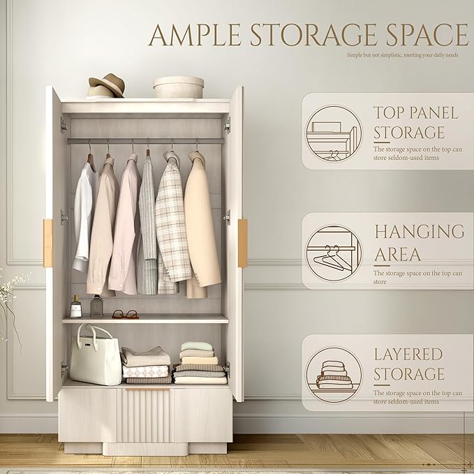 Yechen 67" Fluted Armoire Wardrobe Closet Set of 2 with Doors and Drawer, Wooden Wardrobe Closet Cabinet with Adjustable Shelve, Modern Small Armoires Storage Clothes, Coats for Bedroom, White, 2pcs