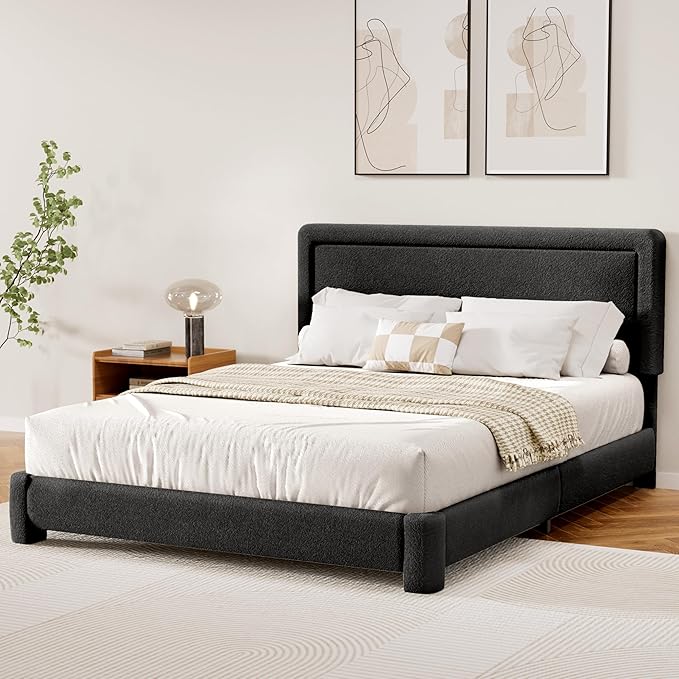 WEUP Queen Size Boucle Bed Frame, Upholstered Cloud Bed Frame with Adjustable Headboard, Soft Rounded Corners, No Box Spring Required, Easy Assembly, Black