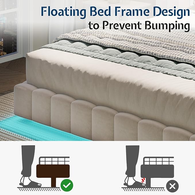 Jocisland King Size Bed Frame with 100" Wide Upholstered Headboard, Modern Velvet Floating Platform with LED Lights Underneath, No Box Spring Needed, Cream