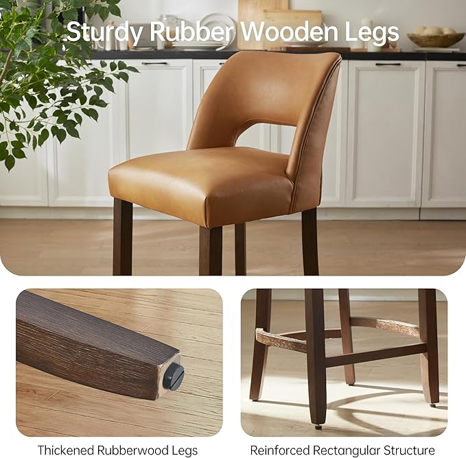 VKNOW 26" Bar Stools Set of 4, Faux Leather Counter Height Bar Stools with Backrest and Rubberwood Legs, Upholstered Barstools for Kitchen Island, Bar and Dining Room, Brown