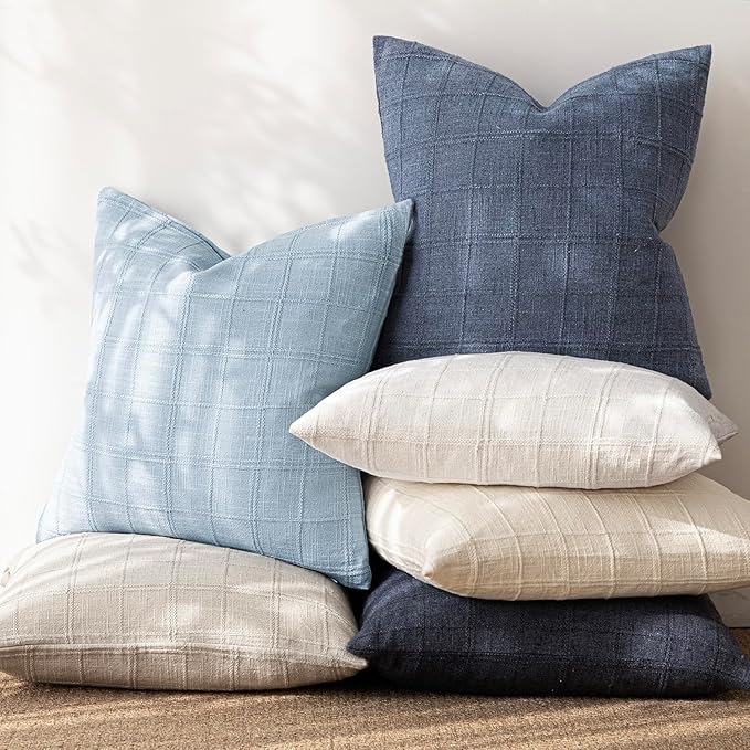 Foindtower Set of 2 Decorative Linen Check Throw Pillow Covers Neutral Farmhouse Vintage Cushion Covers Modern Boho Accent Home Decor for Sofa Chair Couch Bedroom Living Room,18×18 Inch,Sky Blue