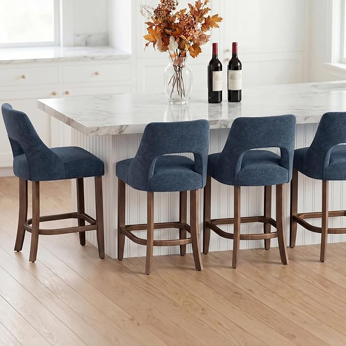 UVV Bar Stools Set of 4, Upholstered Counter Height Bar Stools, Modern Counter Stools with Wood Legs for Kitchen Island Dining Room Bar, Navy Blue