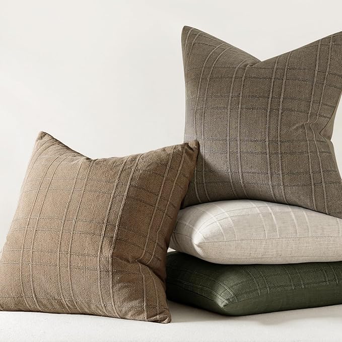MIULEE Decorative Linen Check Throw Pillow Covers Neutral Farmhouse Vintage Pillow Covers 20x20 Set of 2 Boho Modern Winter Home Decor for Sofa Couch Bedroom Cushion Light Brown