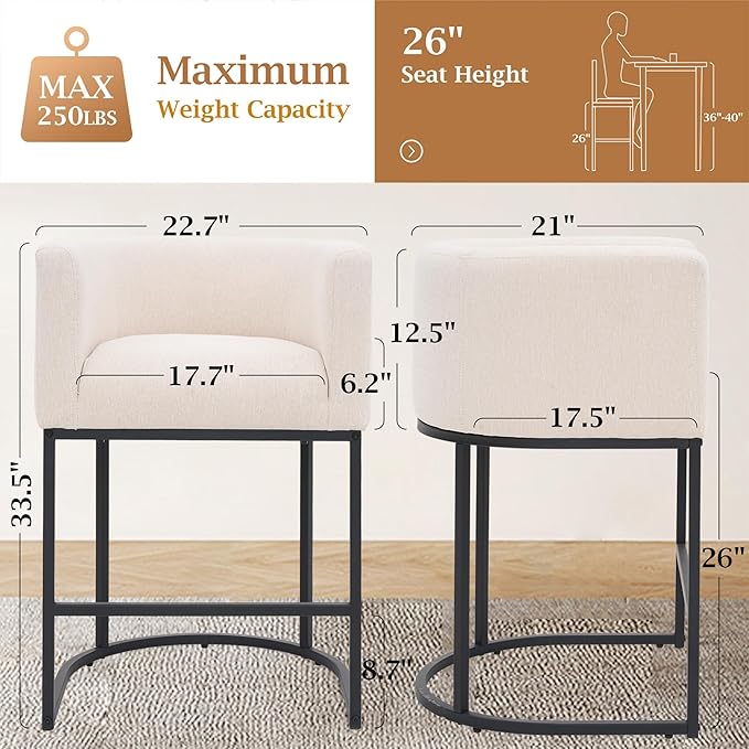 ClinQ 26" H Counter Height Bar Stools Set of 3, Modern Barrel Counter Stools with Backrest and Arms, Black Metal Frames, Linen Fabric Upholstered Accent Barstools for Kitchen Island,Linen Color