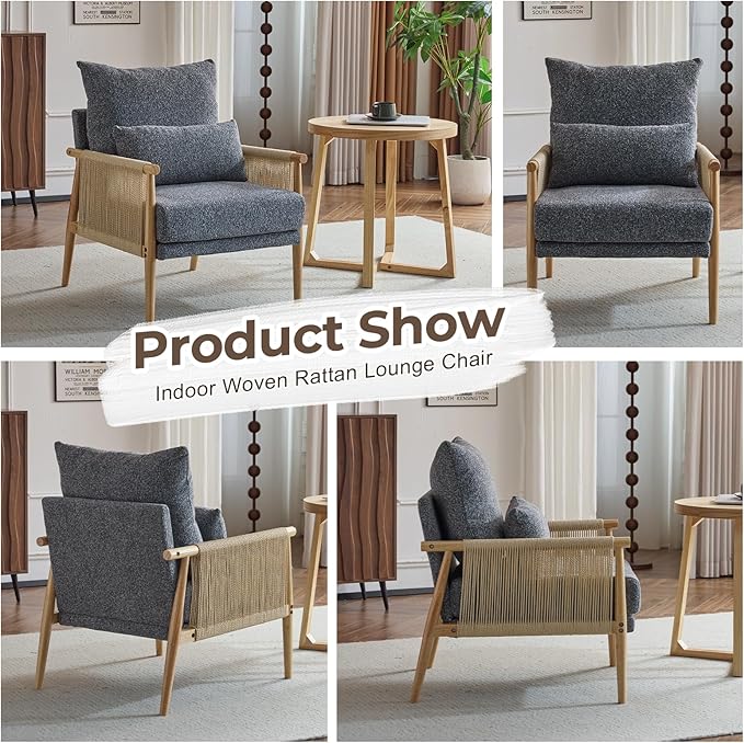 Karl home Cozy Chenille Accent Chair with Lumbar Pillow & Rattan Arms Modern Lounge Chair for Living Room, Bedroom, Reading Nook, Dark Gray