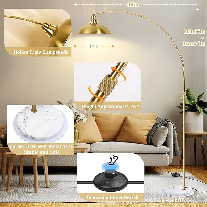 FILIYANO Gold Brass Arc Floor Lamp for Living Room - Mid Century Modern Standing Lamp, Overhanging Floor Lamps, Arch Stand Up Lamp & Floor Light with White Marble Base, Ideal for Bedroom Study Room