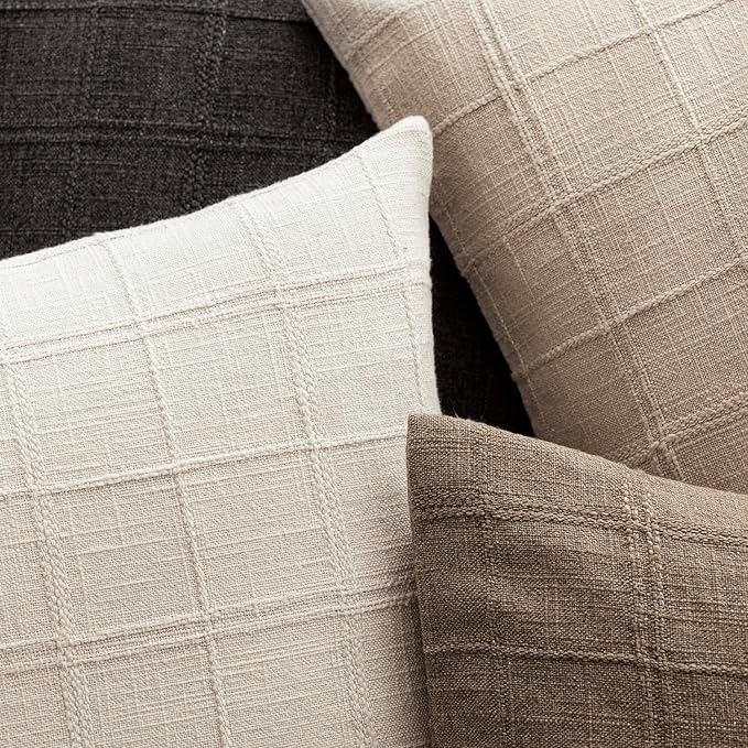 Foindtower Set of 2 Decorative Linen Check Throw Pillow Covers Neutral Farmhouse Vintage Cushion Covers Modern Boho Home Decor for Sofa Chair Couch Bedroom Living Room,18×18 Inch,Natural Linen