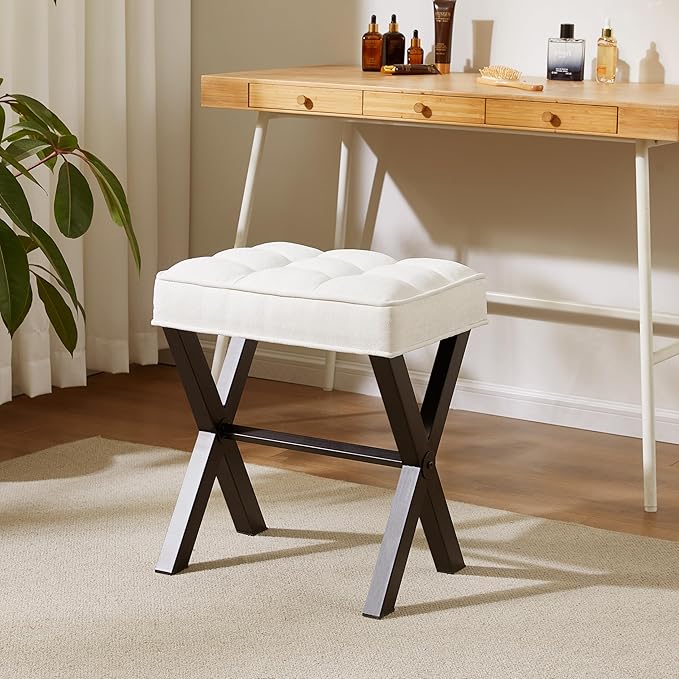 Royal Windsor Vanity Stool,Square Ottoman Stool Foot Rest,Upholstered Vanity Chair Foot Stool with Metal X Legs, Small Vanity seat for Entryway,Bedroom and Living Room,Linen White