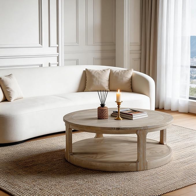 WILLIAMSPACE 40" Round Coffee Table with Wheels, Circle 2 Tier Solid Wood Center Coffee Table, Mid Century Retro Farmhouse Rounded End Table for Living Room Apartment, ø40 x 17.52" H (Oak)