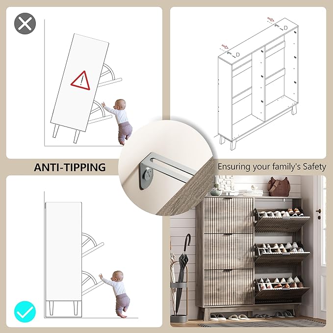 HUANLEGO Shoe Cabinet Storage for Entryway with 6 Flip Drawers, Fluted Narrow Shoe Organizer with Wooden Legs, Freestanding Slim Shoe Storage Hidden Shoe Rack Organizer for Front Door Entrance, Grey