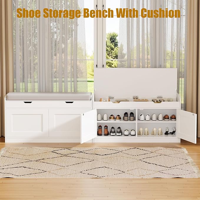 2-Tier Storage Bench, 39.4" Wide Shoe Bench with Lift-Up Top, Shoe Storage Bench with Cushion, Shoe Cabinet with Handleless Doors and Adjustable Shelf for Entryway, Bedroom, White KHD02W
