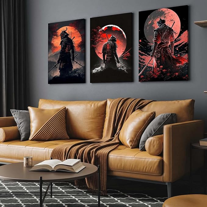 3 Piece Framed Canvas Wall Art, Modern Samurai Warrior Japanese Style Canvas Wall Decor with Red Moon, Set of 3 Wall Art for Living Room Bedroom Office Gaming Room, 12x16 Inch
