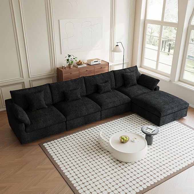 155.9" L Shape Cloud Modular Couches for Living Room, Modern Sectional Sofa with Chaise Ottomans, Deep Seat Couch Cushion Covers Washable&Removable, Sectional Sofas for Home Office Apartment (Black)