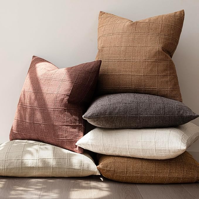 Foindtower Set of 2 Decorative Linen Check Throw Pillow Covers Neutral Farmhouse Vintage Cushion Covers Modern Boho Home Decor for Sofa Chair Couch Bedroom Living Room,22×22 Inch,Autumnal Red