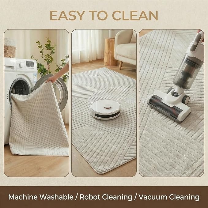 8x10 Solid Color Area Rug, Washable Beige Modern Geometric Living Room Rug,Minimalist Linear Carpet with Soft High-Low Pile, Fluffy Floor Rugs for Bedroom, Kids Room, Nursery, Home Déco