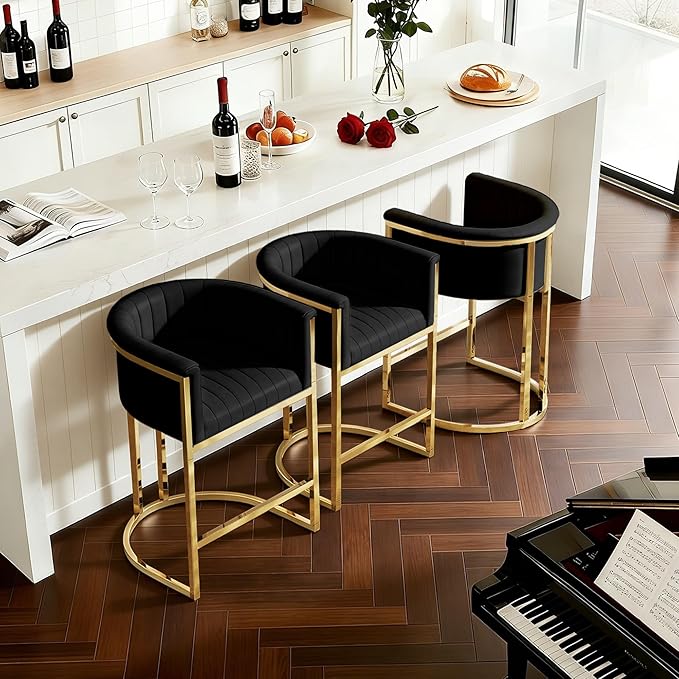 Modern Counter Height Bar Stools,Bar Stools Set of 3,PU Leather Upholstered Barrel Barstools with Backs and Arms,26'' Kitchen Island Chairs,Mirror Champagne Gold Base,Ink Black Leather