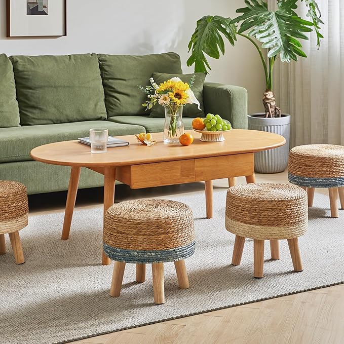YMYNY Foot Stool Natural Seagrass Hand Weave, 12.6" Small Ottoman, Round Footrest for Living Room, Bedroom, Entryway, Change Shoes Stool, Non-Skid Wood Legs, Boho, Natural+White, UHBD027W