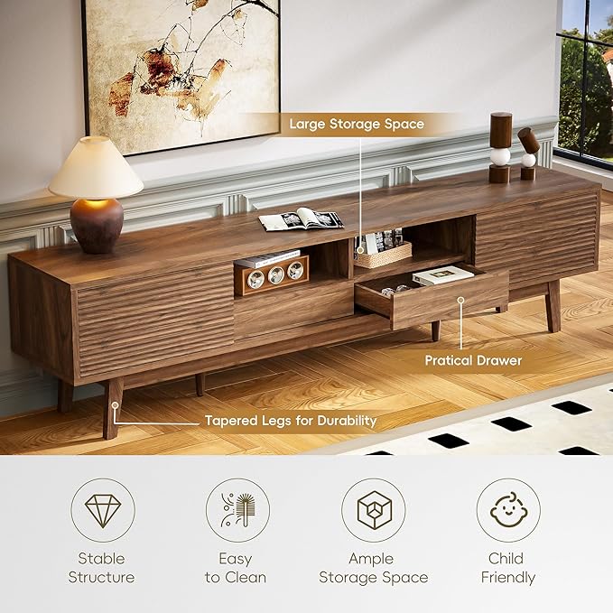 MU 70 Inch TV Stand for TVs up to 80 Inch, Mid Century Modern TV Console with Fluted Sliding Doors, Shelves & Drawers, Low Profile Entertainment Center for Living Room (Walnut, 70")