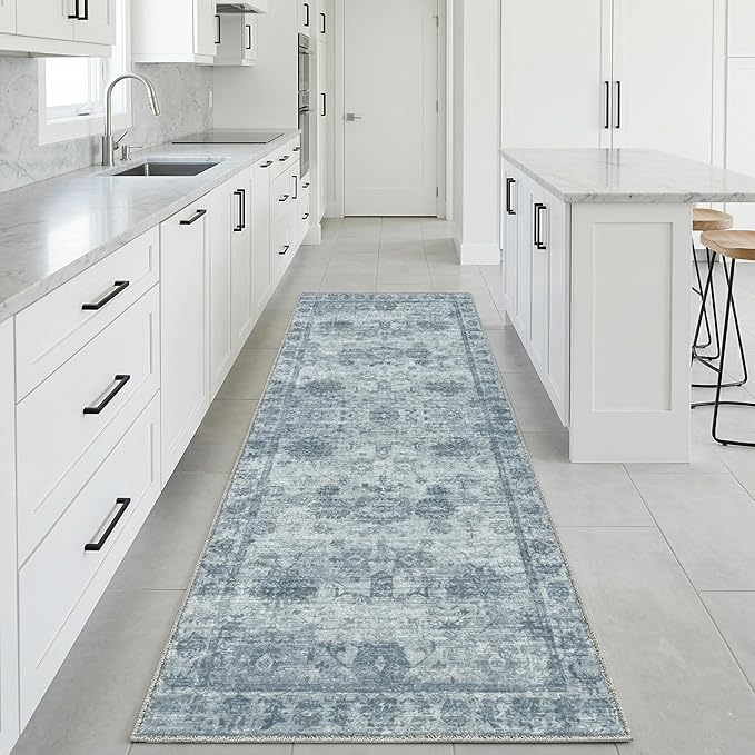 Homemate Washable Rug 2x6 Area Rugs - Vintage Faux Wool Rugs for Living Room Bedroom Dining Room - Non Slip Foldable Carpet Indoor Area Rug for Home Decor（2'x6', Blue