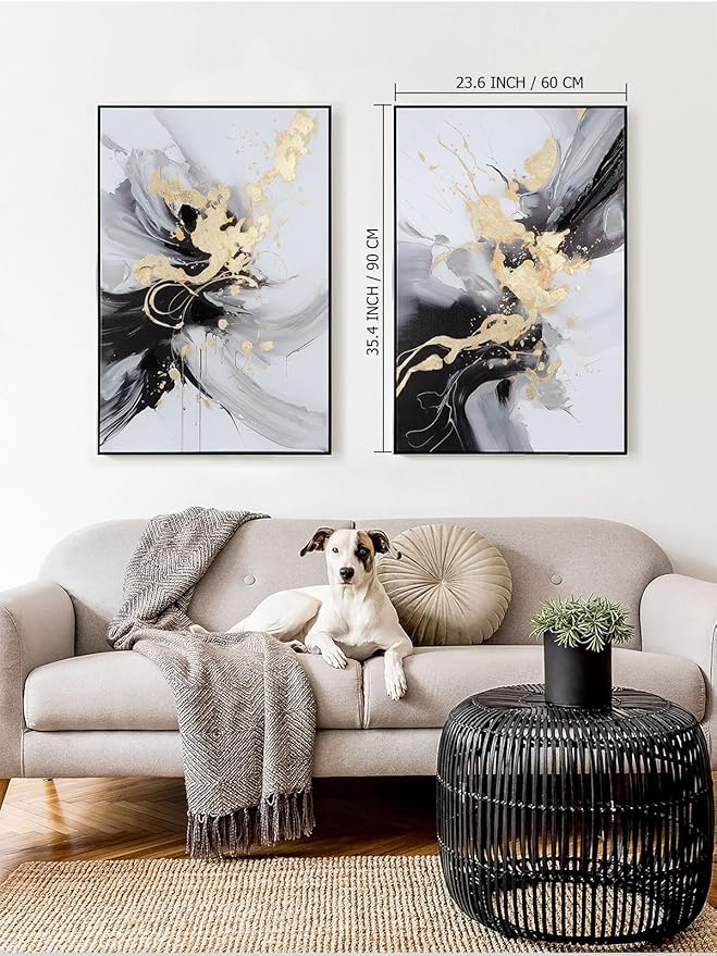 SAFERRYHOME Framed Canvas Wall Art - Black and Gold Wall Art Decor - Large Abstract Wall Art for living room bedroom office
