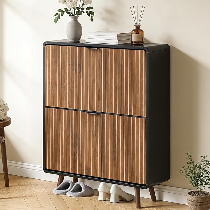 FurSch Fluted Shoe Storage Cabinet with 2 Flip Drawers, Narrow Shoe Rack Cabinet Organizer with Adjustable & Removable Shelves for Entryway (Walnut and Black, 2 Drawers)