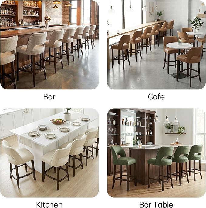 VKNOW 26" Bar Stools Set of 4, Faux Leather Counter Height Bar Stools with Backrest and Rubberwood Legs, Upholstered Barstools for Kitchen Island, Bar and Dining Room, Brown