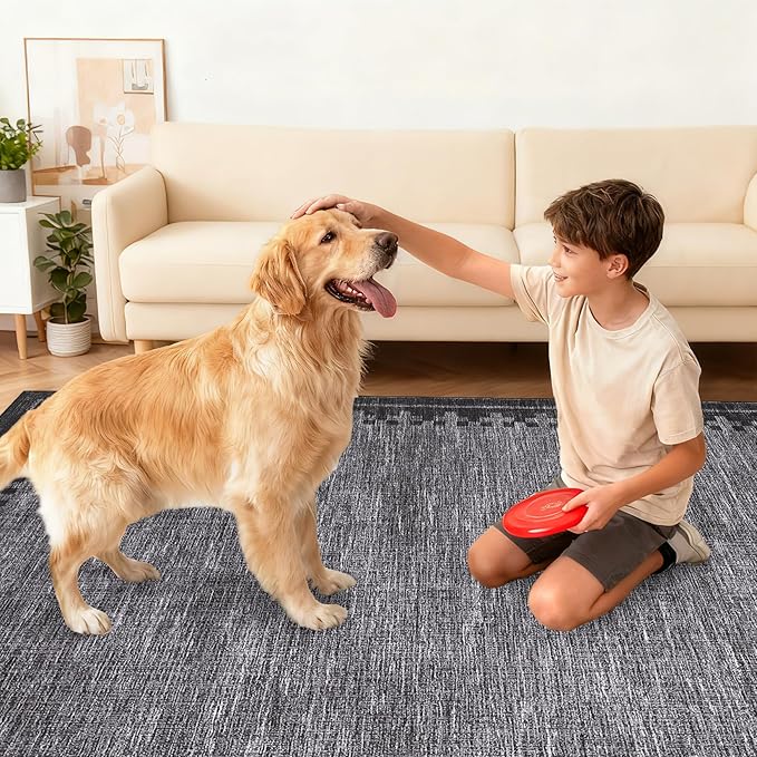 GarveeHome Washable 9x12 Large Area Rug for Living Room Bedroom Modern Non Slip Low Pile Carpet Geometric Cross Brdered Stain Resistant Grey Bedroom Laundry Room Rugs Kids-Friendly& Pets-Friendly