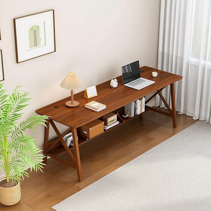 NELYE Extra Long Desk with Bookshelf - Wooden Home Office Work Study Table, 2-Person Writing Computer Workstation with Storage Shelf in Walnut, 71" Wx20 Dx30 H