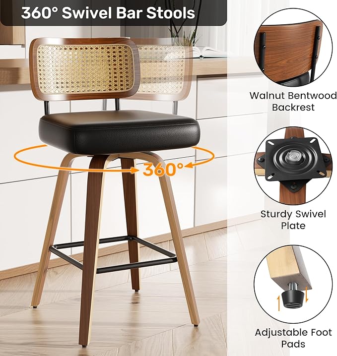 Swivel Bar Stools Set of 1, 26" Upholstered Faux Leather Counter Height Barstools with Rattan Back & Bentwood Legs, Mid Century Modern Bar Chairs Island Stools for Kitchen Counter, Black