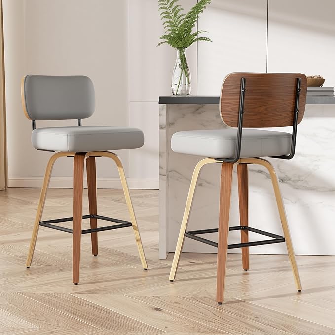 Swivel Bar Stools Set of 2, 26" Upholstered Faux Leather Counter Height Barstools with Walnut Back & Bentwood Legs, Mid Century Modern Bar Chairs Island Stools for Kitchen Counter, Light Grey