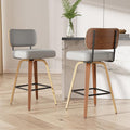 Swivel Bar Stools Set of 2, 26" Upholstered Faux Leather Counter Height Barstools with Walnut Back & Bentwood Legs, Mid Century Modern Bar Chairs Island Stools for Kitchen Counter, Light Grey
