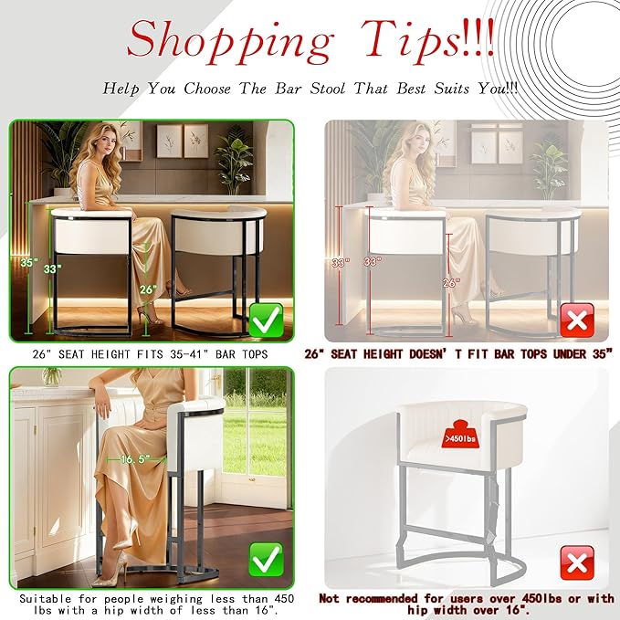 Modern Counter Height Bar Stools,Bar Stools Set of 1,PU Leather Upholstered Barrel Barstools with Backs and Arms,26'' Kitchen Island Chairs,Metal Black Frames,Beige White
