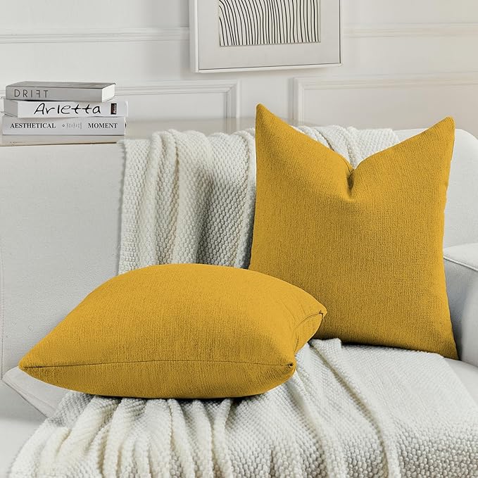 FUTEI Mustard Yellow Chenille Decorative Throw Pillow Covers 24x24 Inch Set of 2,Soft Cozy Faux Linen Textured European Pillow Shams,Farmhouse Home Decor for Couch Living Room
