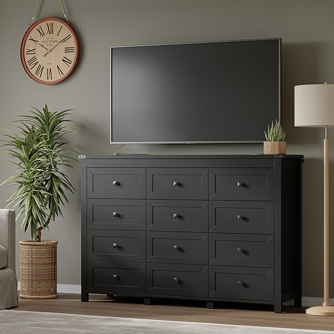 BORNOON 12-Drawer Dresser, Modern Wooden Storage Chest of Drawers, Dresser TV Stand, Wood Drawer Organizer with Metal Handles for Bedroom, Living Room, Hallway