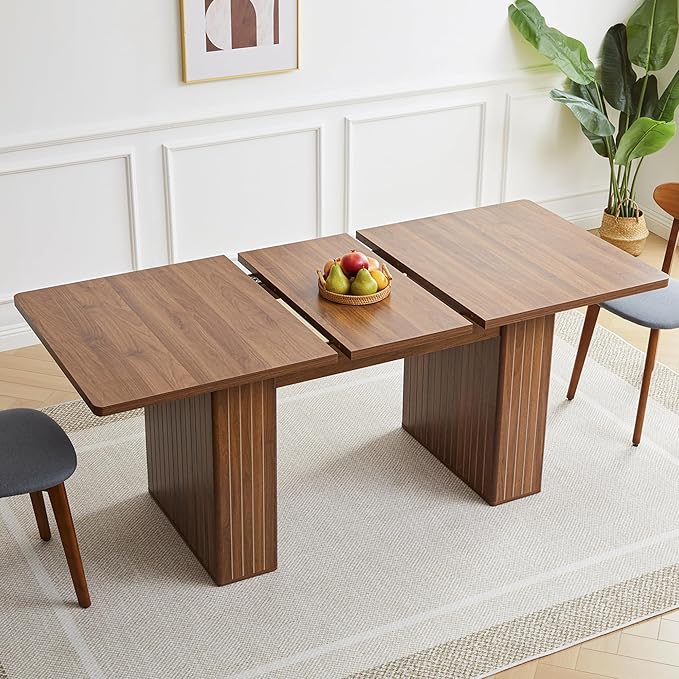 55 in–71 in Extendable Rectangular Dining Table for 4–6, Modern Farmhouse Expandable Kitchen Table with Carved Line Base, Wooden Dinner Table for Kitchen Living Room Home Office (Walnut)