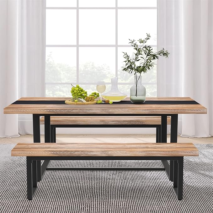 STHOUYN 59” Dining Bench Pair of 2 for 6-8 Person, Farmhouse Indoor Kitchen Table Benches, Bed Bench, Industrial Shoe Bench (Brown 2pcs)