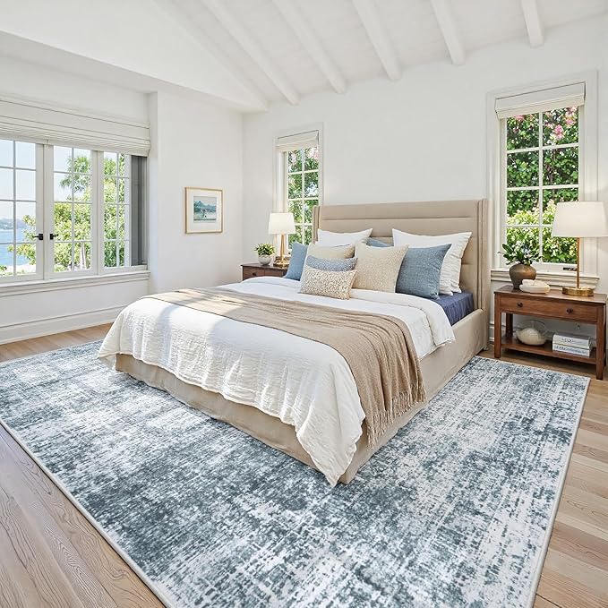 9x12 Area Rugs Washable Rug:Anti-Skid Abstract Modern Living Room Rug Soft Thin Carpets Indoor Floor Non-Shedding Carpet for Bedroom Dining Farmhouse Nursery Home Office(Light Slate Blue/White, 9x12)